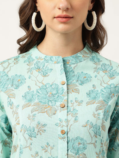 Sea Green Floral Printed Cotton A-Line Kurta | LASVINI - Redefining Indian Fashion with Elegance