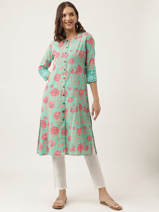 Green Floral Printed Cotton A-Line Kurta | LASVINI - Redefining Indian Fashion with Elegance