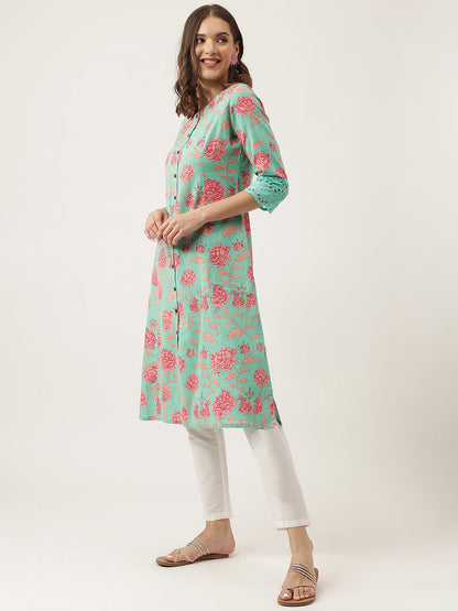 Green Floral Printed Cotton A-Line Kurta | LASVINI - Redefining Indian Fashion with Elegance