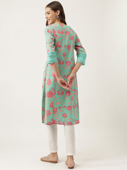 Green Floral Printed Cotton A-Line Kurta | LASVINI - Redefining Indian Fashion with Elegance