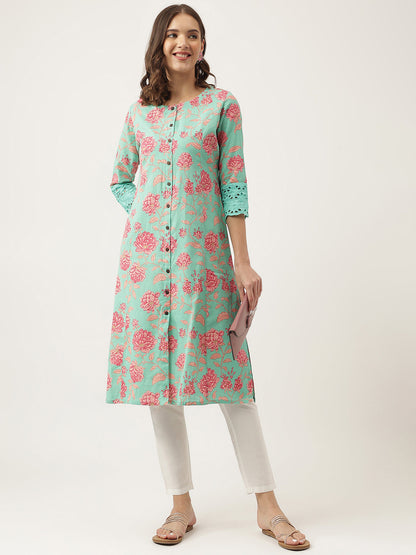 Green Floral Printed Cotton A-Line Kurta | LASVINI - Redefining Indian Fashion with Elegance