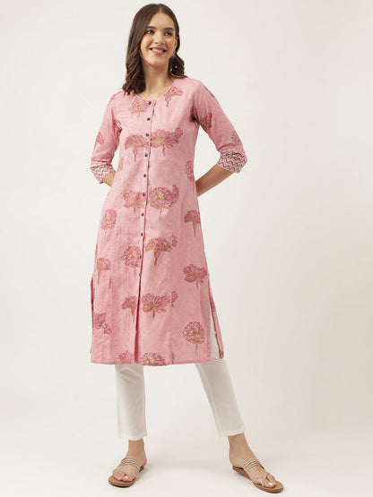 Magenta Floral Printed Cotton A-Line Kurta | LASVINI - Redefining Indian Fashion with Elegance