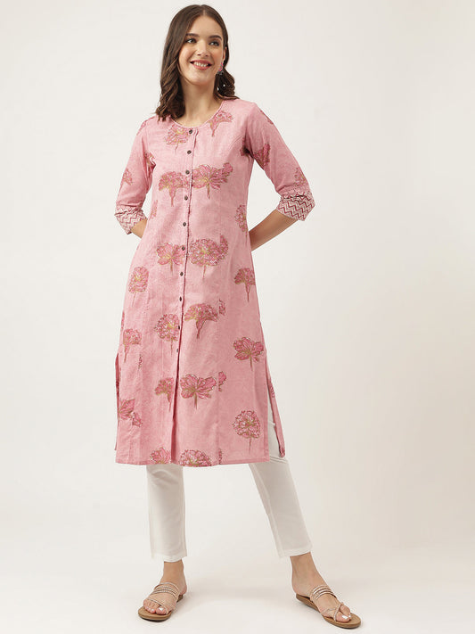 Magenta Floral Printed Cotton A-Line Kurta | LASVINI - Redefining Indian Fashion with Elegance