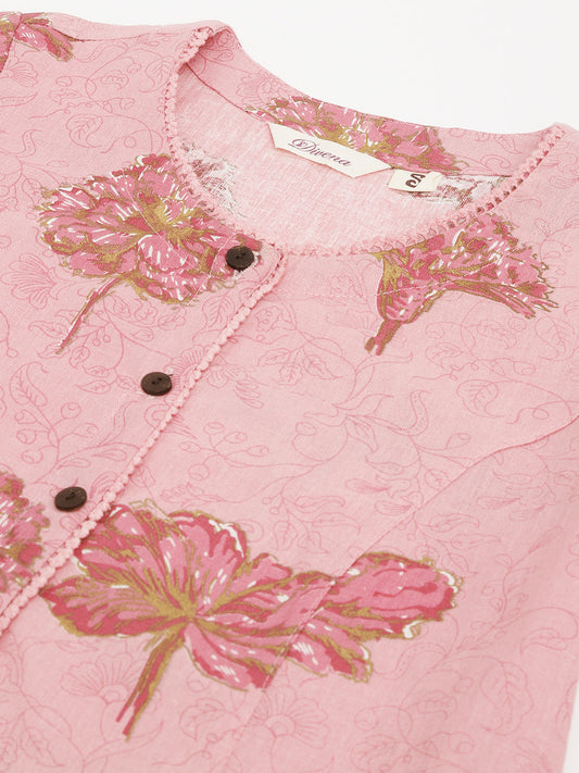 Magenta Floral Printed Cotton A-Line Kurta | LASVINI - Redefining Indian Fashion with Elegance