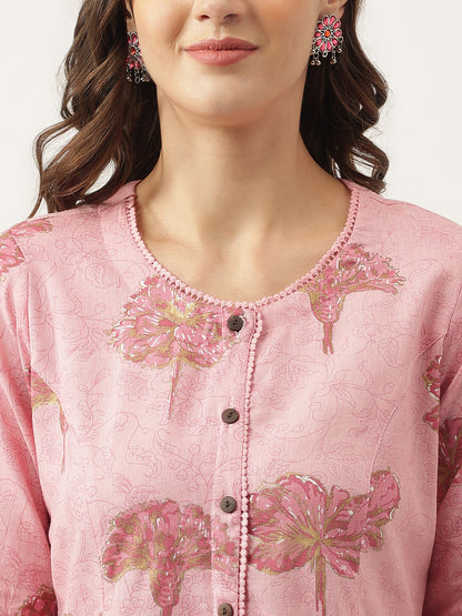 Magenta Floral Printed Cotton A-Line Kurta | LASVINI - Redefining Indian Fashion with Elegance