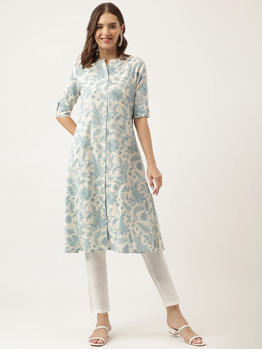 Sky Blue Floral Printed Cotton A-Line Kurta | LASVINI - Redefining Indian Fashion with Elegance