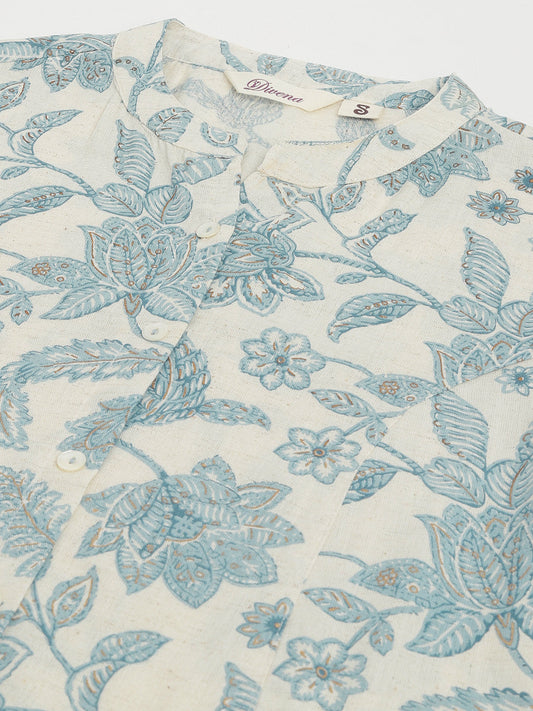 Sky Blue Floral Printed Cotton A-Line Kurta | LASVINI - Redefining Indian Fashion with Elegance
