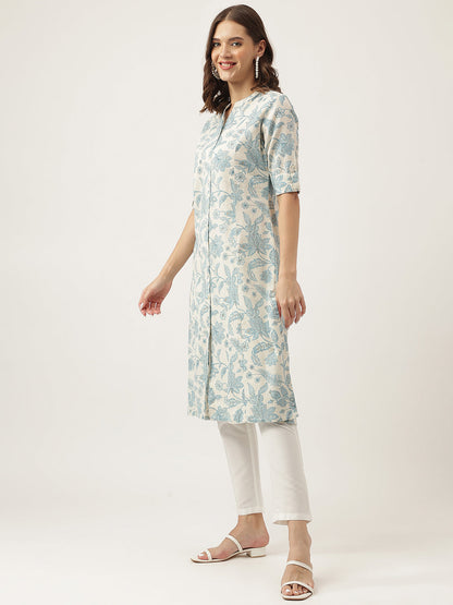 Sky Blue Floral Printed Cotton A-Line Kurta | LASVINI - Redefining Indian Fashion with Elegance