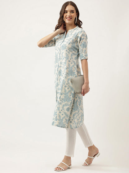Sky Blue Floral Printed Cotton A-Line Kurta | LASVINI - Redefining Indian Fashion with Elegance