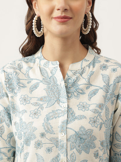 Sky Blue Floral Printed Cotton A-Line Kurta | LASVINI - Redefining Indian Fashion with Elegance