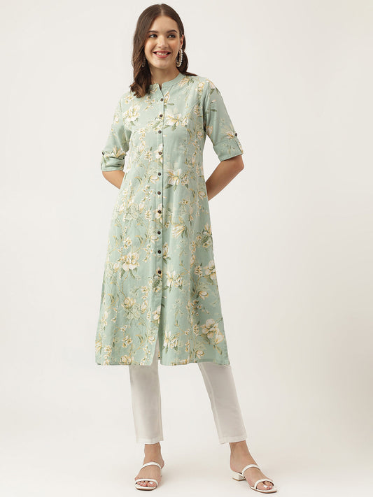 Green Cotton Ethnic Motifs Floral Print Kurta | LASVINI - Redefining Indian Fashion with Elegance