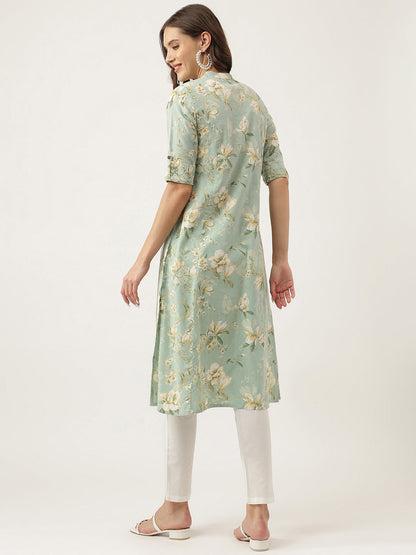 Green Cotton Ethnic Motifs Floral Print Kurta | LASVINI - Redefining Indian Fashion with Elegance