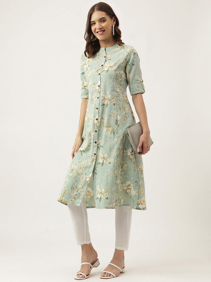 Green Cotton Ethnic Motifs Floral Print Kurta | LASVINI - Redefining Indian Fashion with Elegance