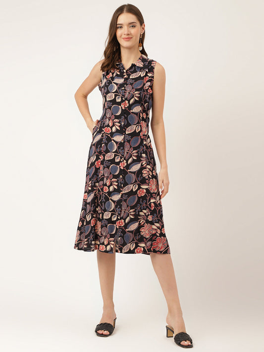 Navy Blue Floral Print Rayon A-Line Midi Dress With Attached Sleeves For Women | LASVINI - Redefining Indian Fashion with Elegance