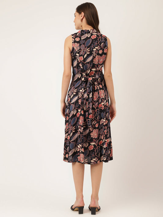 Navy Blue Floral Print Rayon A-Line Midi Dress With Attached Sleeves For Women | LASVINI - Redefining Indian Fashion with Elegance