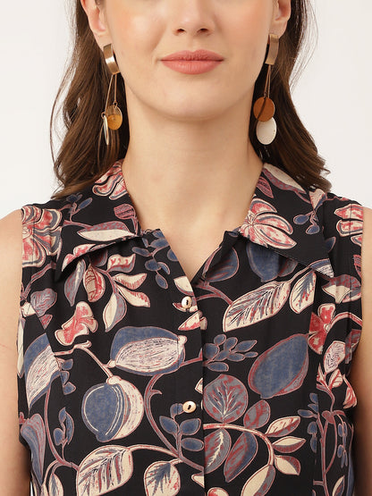 Navy Blue Floral Print Rayon A-Line Midi Dress With Attached Sleeves For Women | LASVINI - Redefining Indian Fashion with Elegance