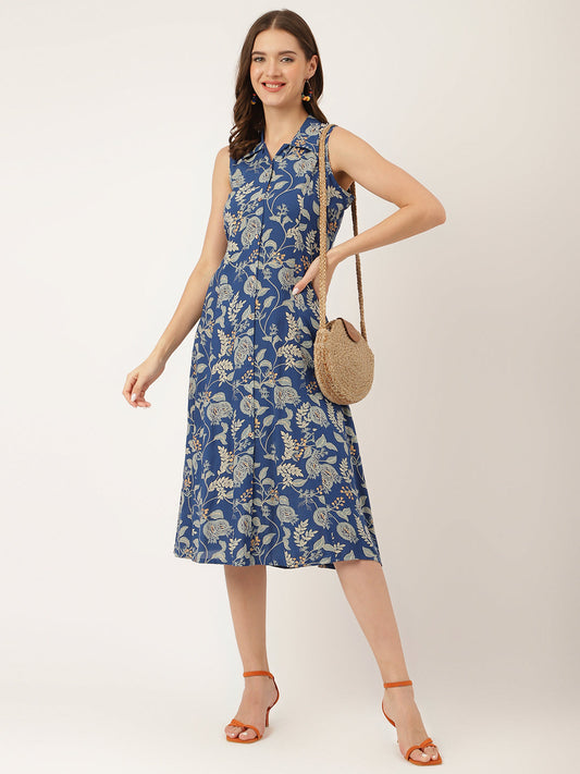 Blue Floral Print Rayon A-Line Midi Dress With Attached Sleeves For Women | LASVINI - Redefining Indian Fashion with Elegance