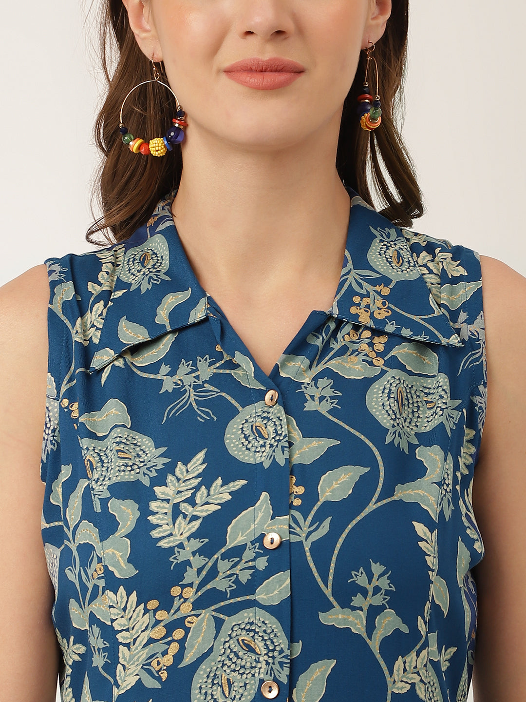 Blue Floral Print Rayon A-Line Midi Dress With Attached Sleeves For Women | LASVINI - Redefining Indian Fashion with Elegance