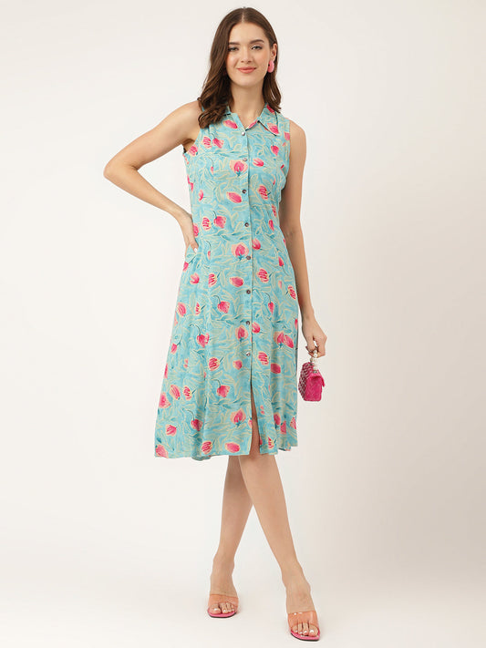 Blue Floral Print Rayon A-Line Midi Dress With Attached Sleeves For Women | LASVINI - Redefining Indian Fashion with Elegance