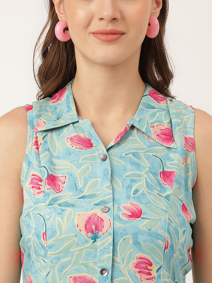Blue Floral Print Rayon A-Line Midi Dress With Attached Sleeves For Women | LASVINI - Redefining Indian Fashion with Elegance