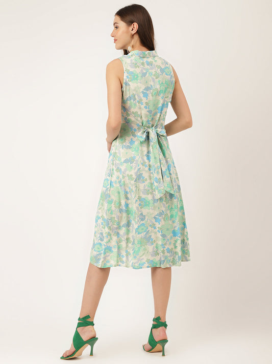 Green Floral Print Rayon A-Line Midi Dress With Attached Sleeves For Women | LASVINI - Redefining Indian Fashion with Elegance