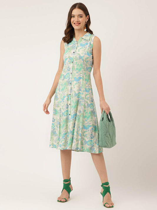 Green Floral Print Rayon A-Line Midi Dress With Attached Sleeves For Women | LASVINI - Redefining Indian Fashion with Elegance