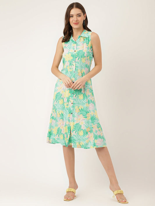 Green Floral Print Rayon A-Line Midi Dress With Attached Sleeves For Women | LASVINI - Redefining Indian Fashion with Elegance
