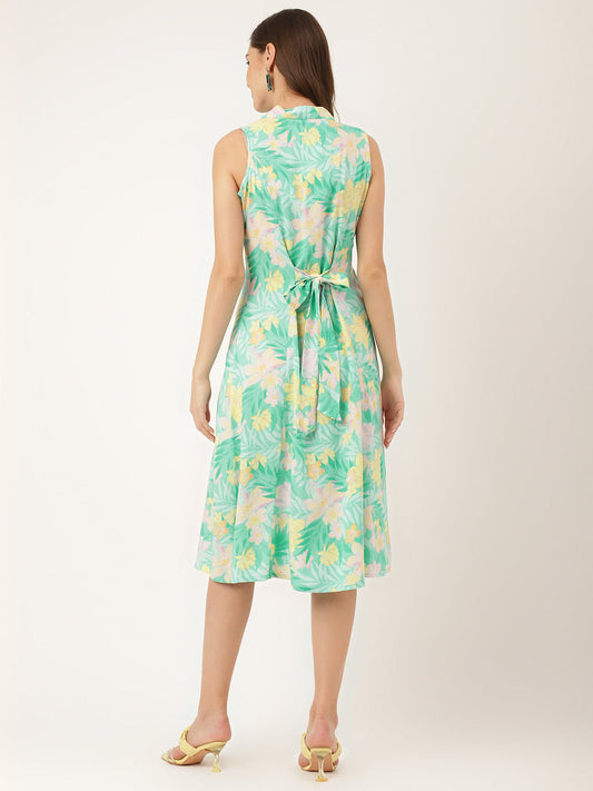 Green Floral Print Rayon A-Line Midi Dress With Attached Sleeves For Women | LASVINI - Redefining Indian Fashion with Elegance