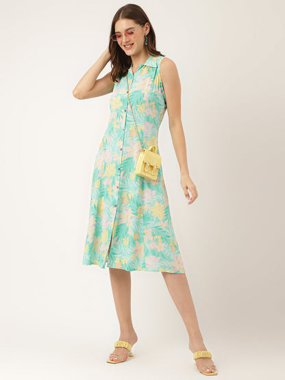 Green Floral Print Rayon A-Line Midi Dress With Attached Sleeves For Women | LASVINI - Redefining Indian Fashion with Elegance