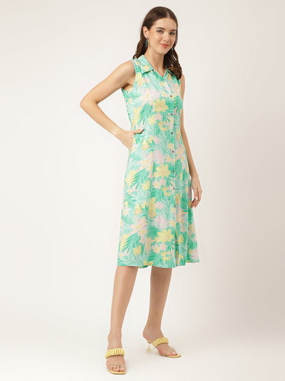 Green Floral Print Rayon A-Line Midi Dress With Attached Sleeves For Women | LASVINI - Redefining Indian Fashion with Elegance