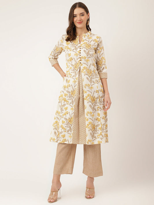 Yellow Floral Print Cotton A-Line Kurta | LASVINI - Redefining Indian Fashion with Elegance