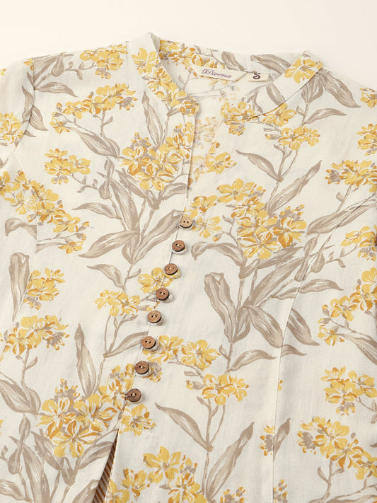 Yellow Floral Print Cotton A-Line Kurta | LASVINI - Redefining Indian Fashion with Elegance