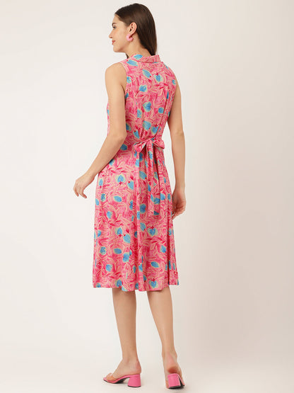 Pink Floral Print Rayon A-Line Midi Dress With Attached Sleeves For Women | LASVINI - Redefining Indian Fashion with Elegance