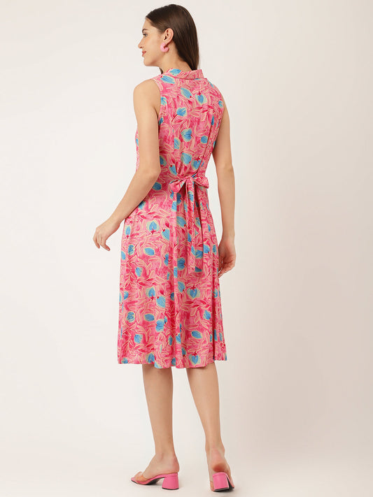 Pink Floral Print Rayon A-Line Midi Dress With Attached Sleeves For Women | LASVINI - Redefining Indian Fashion with Elegance