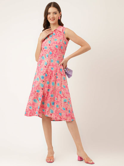 Pink Floral Print Rayon A-Line Midi Dress With Attached Sleeves For Women | LASVINI - Redefining Indian Fashion with Elegance
