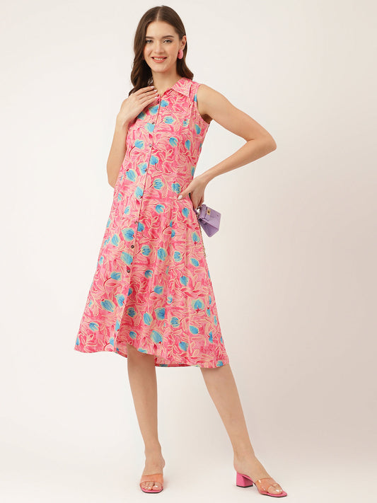 Pink Floral Print Rayon A-Line Midi Dress With Attached Sleeves For Women | LASVINI - Redefining Indian Fashion with Elegance
