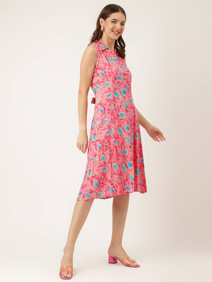 Pink Floral Print Rayon A-Line Midi Dress With Attached Sleeves For Women | LASVINI - Redefining Indian Fashion with Elegance