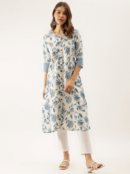 Blue Floral Printed A-Line Kurta | LASVINI - Redefining Indian Fashion with Elegance