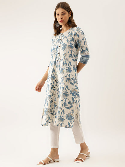 Blue Floral Printed A-Line Kurta | LASVINI - Redefining Indian Fashion with Elegance
