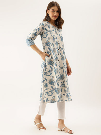 Blue Floral Printed A-Line Kurta | LASVINI - Redefining Indian Fashion with Elegance