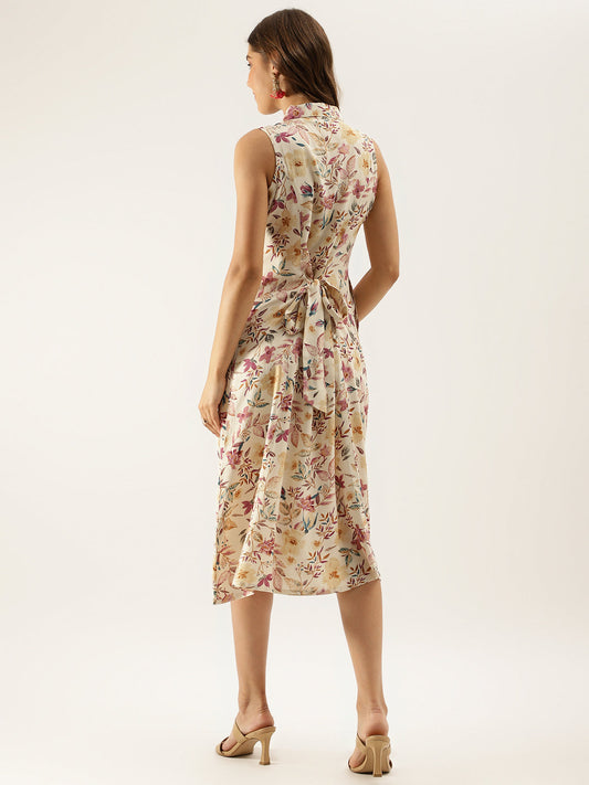 Women Cream Floral Printed Rayon Midi Dress With Attached Sleeves | LASVINI - Redefining Indian Fashion with Elegance