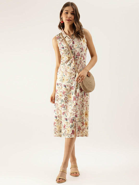 Women Cream Floral Printed Rayon Midi Dress With Attached Sleeves | LASVINI - Redefining Indian Fashion with Elegance