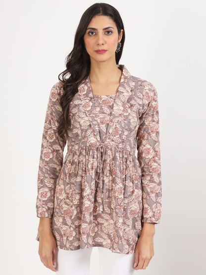 Women Grey Floral Printed Cotton Top | LASVINI - Redefining Indian Fashion with Elegance