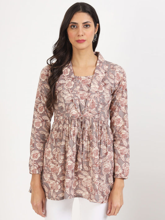 Women Grey Floral Printed Cotton Top | LASVINI - Redefining Indian Fashion with Elegance