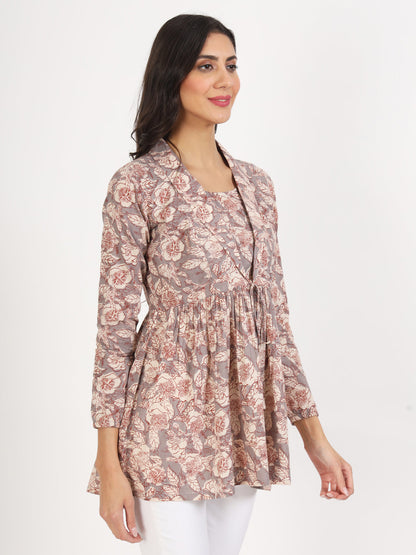 Women Grey Floral Printed Cotton Top | LASVINI - Redefining Indian Fashion with Elegance