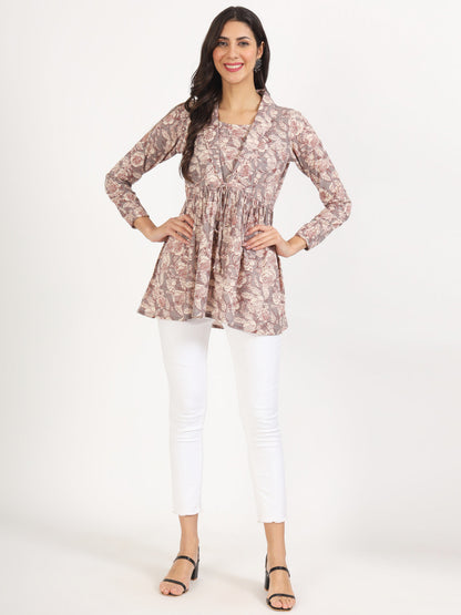 Women Grey Floral Printed Cotton Top | LASVINI - Redefining Indian Fashion with Elegance