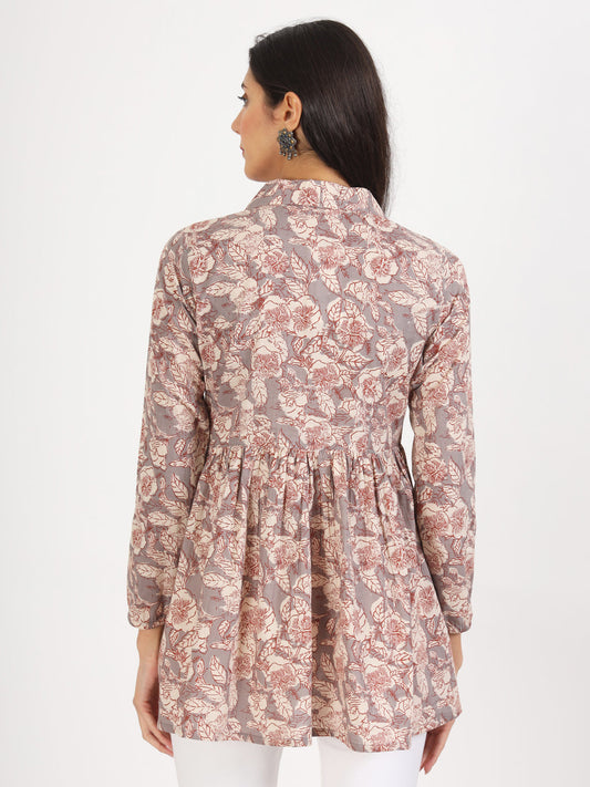 Women Grey Floral Printed Cotton Top | LASVINI - Redefining Indian Fashion with Elegance