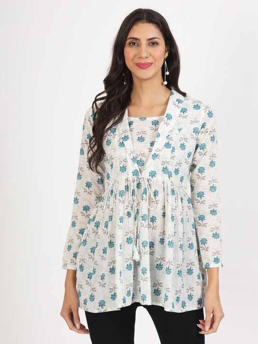 Women White Floral Printed Cotton Top | LASVINI - Redefining Indian Fashion with Elegance