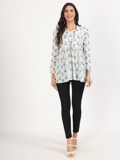 Women White Floral Printed Cotton Top | LASVINI - Redefining Indian Fashion with Elegance