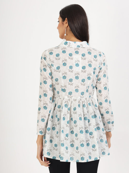 Women White Floral Printed Cotton Top | LASVINI - Redefining Indian Fashion with Elegance